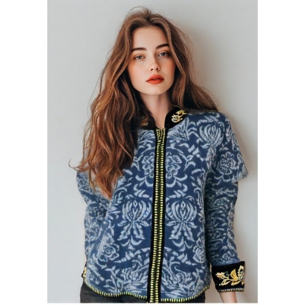 Icelandic Design Wool Granny Sweater Jacket Size XL Blue Embroidered Velvet Zip